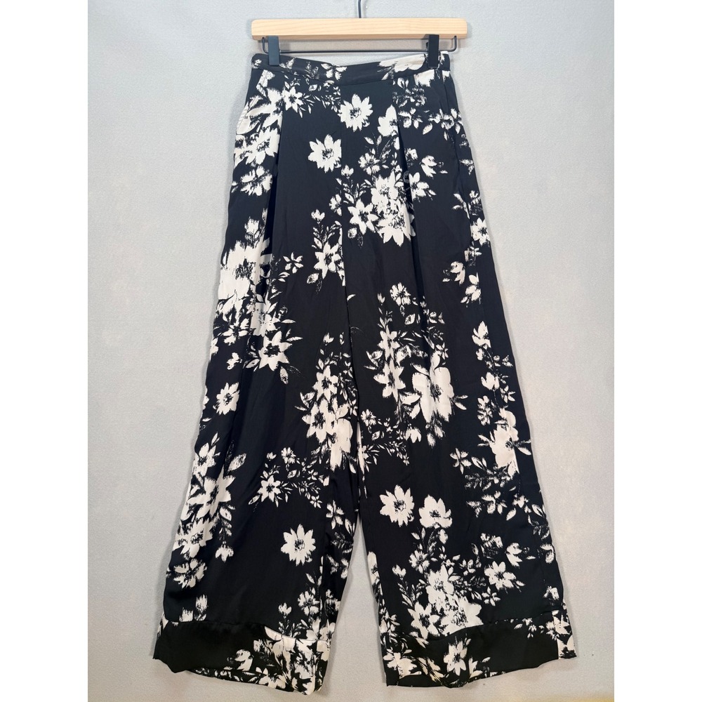 American Eagle Boho Black White Floral Wide Leg Flowy Pants Size Small S